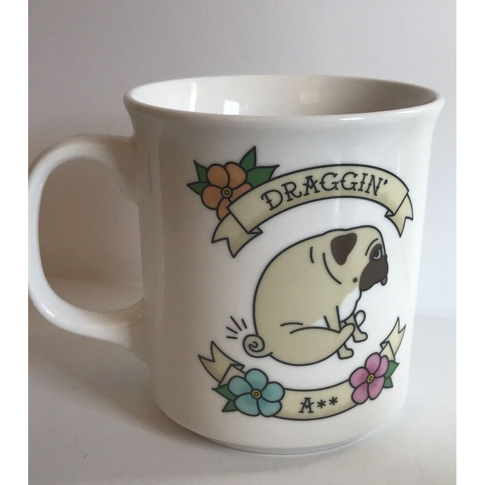 Genuine Pug FRED Draggin' Novelty Coffee Mug 16‎ oz White Cup Dog Design